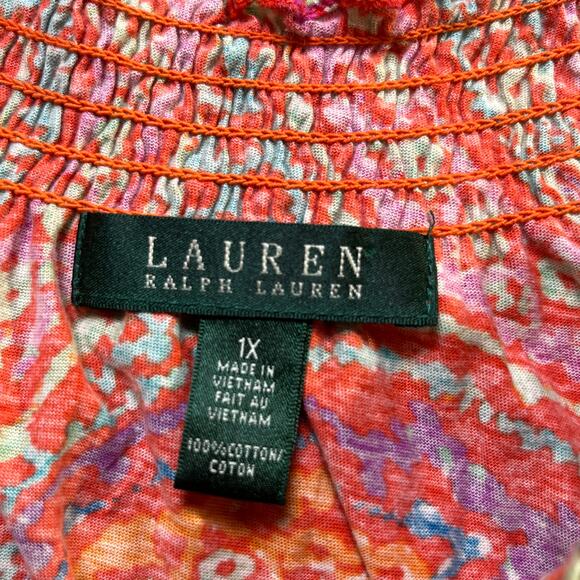 Lauren Ralph Lauren Blouse Womens‎ 1X Orange Paisley Short Sleeve Smocked Boho - Picture 6 of 9